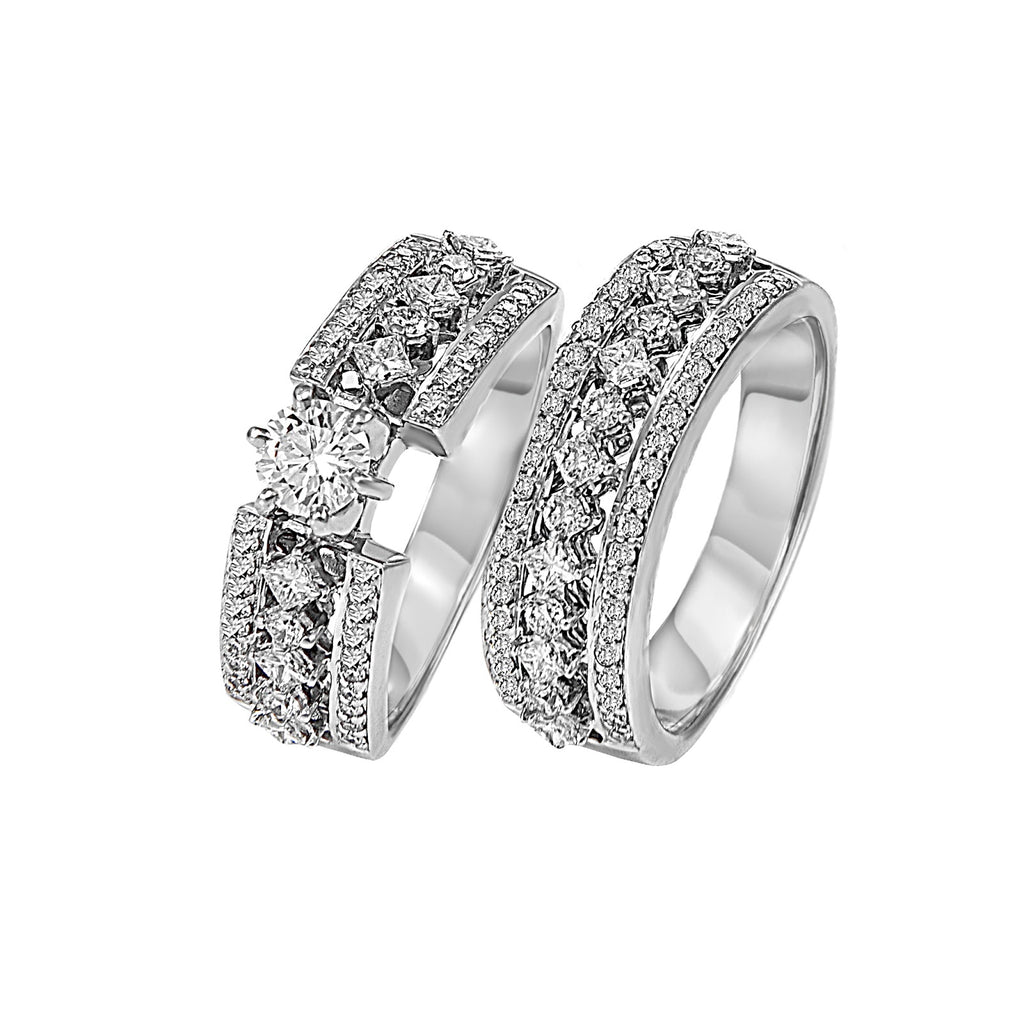 White Gold Diamond Dove Engagement Twin Rings